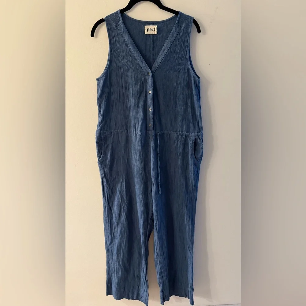 Pact Organic Cotton Jumpsuit Sz S Blue Boho Beachy Farmers Market Pockets - Picture 1 of 10